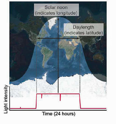 Solar geolocation has been used for centuries by mariners and explorers. The concept is based on the fact that on a given day of the year the length of the day (i.e. the time during which the sun is visible) varies with latitude and the time of solar noon varies with longitude. So if you can measure the length of the day and note the exact time of solar noon, you should be able to determine your general location on the globe.